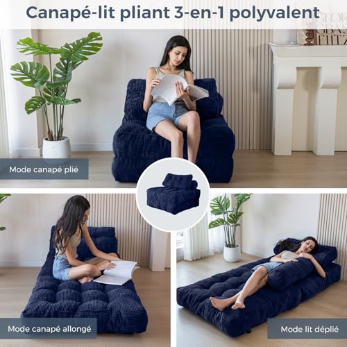 MAXYOYO Foldable Convertible Sofa Bed with Pillow, Mattress with Back Support, Portable Comfortable Armchair Bed for Living Room Bedroom, Navy Blue