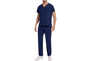 Men Scrubs Set, Stretch V-Neck Scrub Top & Straight Leg Pants, Short Sleeve Nurse Medical Uniform Workwear