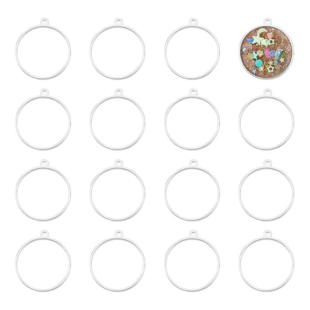 UNICRAFTALE 16pcs 23mm Inner Diameter 304 Stainless Steel Open Back Bezel Pendants Round Ring Shape Charms Epoxy Resin Open Back Frames Necklaces for DIY Resin Pressed Flower Jewelry Making