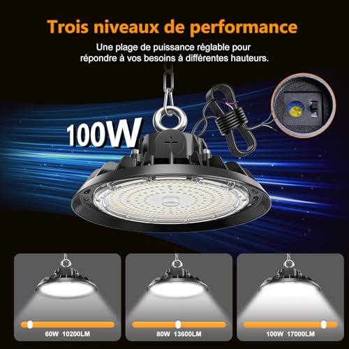 RUISUN 4 Pack UFO 100W LED High Bay Projector Garage Light 17000LM LED Lighting for Workshop Dimmable 60W/80W/100W Industrial Lighting Lamp IP65 Waterproof Ceiling 120° for Workshop Warehouse