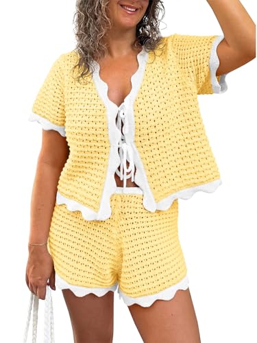 Fisoew Womens 2 Piece Swimsuit Crochet Cover Up Short Sleeve Tops Tie Front Shorts Sets Summer Beach Vacation Outfit Yellow at Amazon