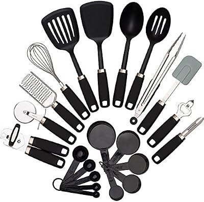 22-piece Kitchen Utensils Sets - Home Cooking Tools- Stainless Steel & Nylon Gadgets- Turners, Tongs, Spatulas, Pizza Cutter, Whisk, Bottle Opener, Grater, Peeler, Can Opener, Measuring Cups & Spoons