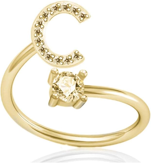 Letter Rings 925 Sterling Silver Cubic Zirconia Initial Alphabet AZ 26 Letters Open Ring 14k
