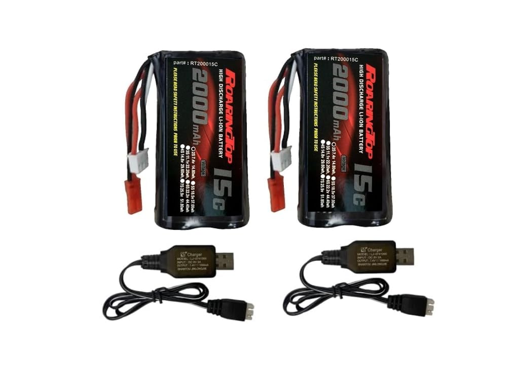 RoaringTop 7.4V Li-Ion Battery 2000mAh 2S Rechargeable with JST Plug, 2 USB Charging Cables for RC Car, RC Helicopter and RC Boat