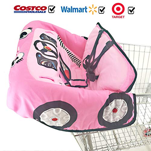 Cute Car Design 2-in-1 Shopping Cart&High Chair Cover for Baby with Portable Bag | Universal Fit All Shopping Cart Seat& Restaurant Highchair | Fits Big Carts | 5 Point Safety Harness System (Pink)