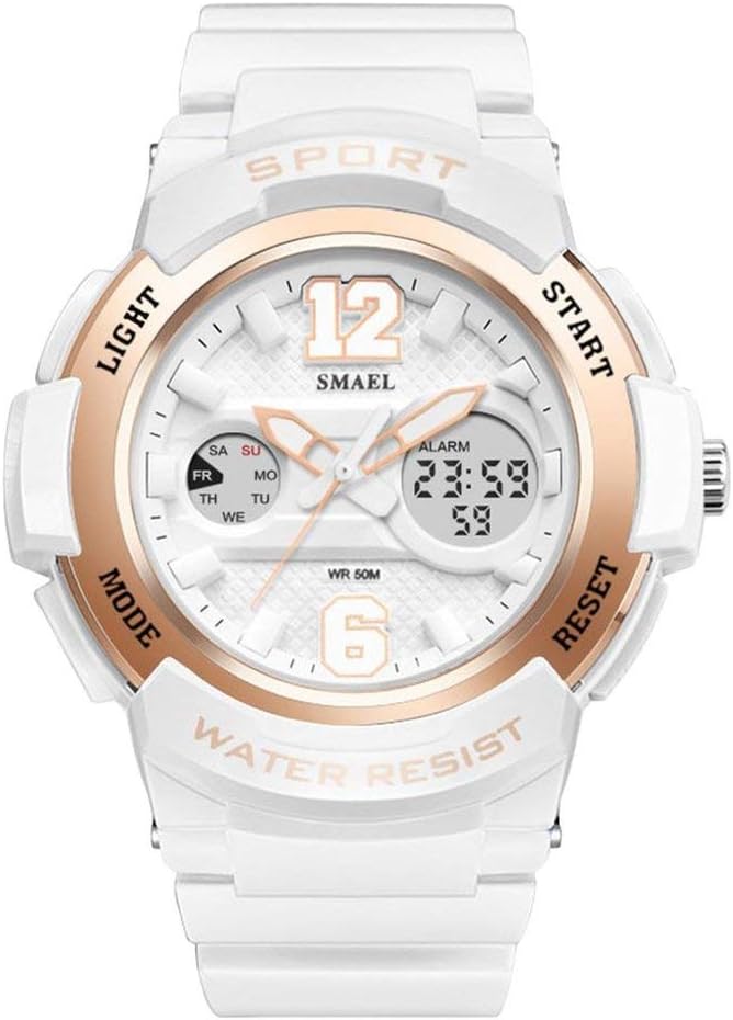 Kinshops Multifunctional Sports Wristwatch SMAEL Women Wrist Watch Dual Display Watch Quartz Movement Watch Fashion Sport Clocks,white&rose gold