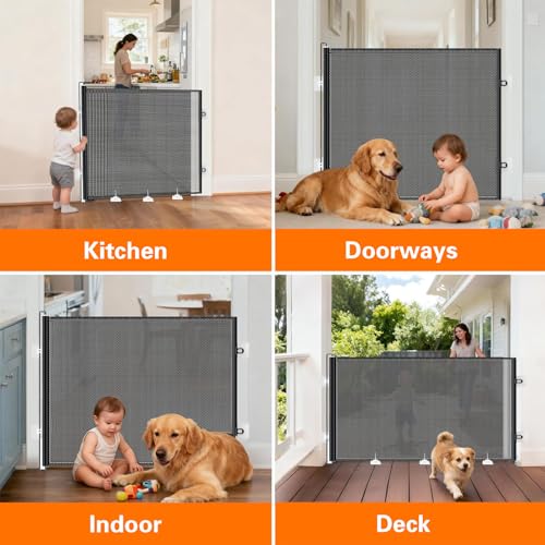 78CM Extra Tall Pet Gate,130CM Wide Retractable Cat Gate with Support Rods and Floor Hook,Easy to Use Pet Fence for The House Stairs Doorways Hallways Indoor Outdoor, No-Drill Installation(A)