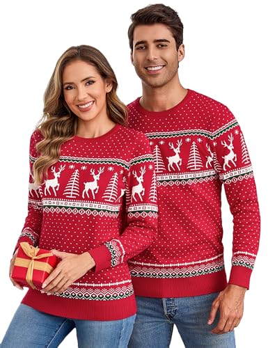 Aottori Weihnachten Pullover Damen Weihnachtspullover Familie Set Rentiermuster Christmas Reindeer Strickpullover Unisex Christmas Sweater Damen-Rot L