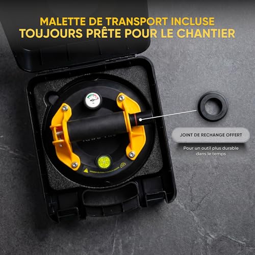 KRAFTIN Suction Cup Tile Vacuum Pump Diameter 200 mm 150 kg – Double Layer Rubber High Adhesion – Bubble Level + Pressure Gauge – Non-Slip Handle – Professional – Ceramic, Marble, Glass