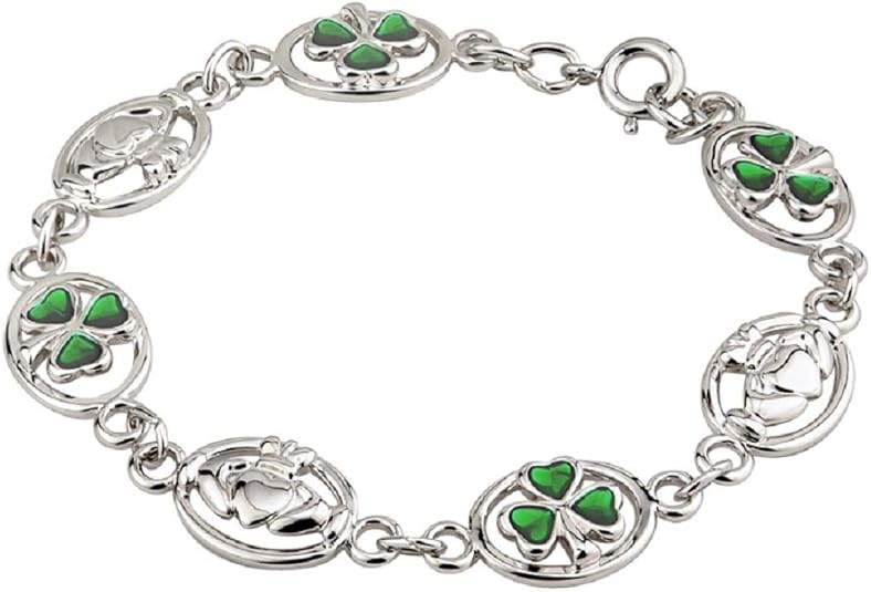 Claddagh & Shamrock Bracelet Rhodium Plating & Enamel Irish