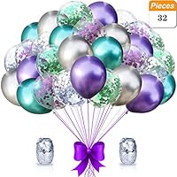 Mermaid Party Balloons Supplies Birthday Decorations Pack of 32 - Green and Purple Metallic Balloons with Glitter Confetti Clear Sparkle Decorations Party Balloon Kit for Birthday