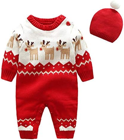 ALLAIBB Baby Boy Girl Christmas Outfit 2Pcs Set Knit Romper Sweater+Cap Costume Size 6-9M (Red Deer)