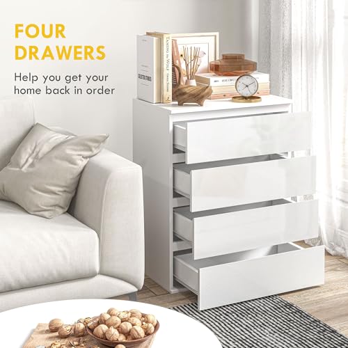 HOMCOM Dresser for Bedroom with 4 Drawers, High Gloss Chest of Drawers with Metal Runners and Groove Handles for Living Room, Hallway, White