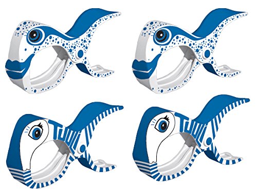 tuuli Accessories Summer Clips Large Pegs for Beach Towel Laundry Clothes Quilt Camping Garden Kite Surf Sunbed Sun Lounger Buggy Accessory (2x Blue + 2x Fish)