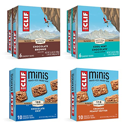 Clif Bar - 24 Full Size and 20 Mini Energy Bars - Chocolate Chip, Crunchy Peanut Butter, Chocolate Brownie, Cool Mint Chocolate (2.4oz and 0.99oz Protein Bars, 44 Count)
