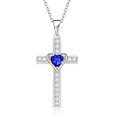 Calliora Birthstone Cross Necklace for Women, 925 Sterling Silver Heart Cross Pendant Necklace, Fine Cross Jewelry Birthday Anniversary Mother's Day Gifts for Her Mom Wife, 18"+2" Adjustable