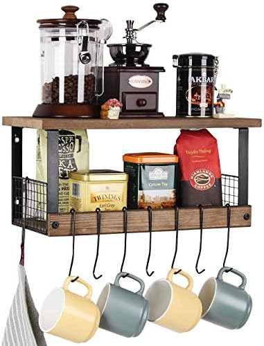 Rustic Wooden Coffee Mug Holder - 2-Tier Cup Rack With Storage Shelf