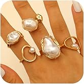 UANXLL Stackable Chunky Gold Baroque Pearl Open Ring, Trendy Punk Irregular Silver Pearls Knuckle Rings for Women Stacking Dainty Party Finger Jewelry Gift Set