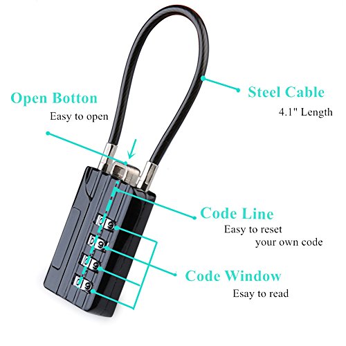 SEPOX Resettable Combination Travel Padlock, 4 Digit Cable Padlock for Suitcase, Travel Bag, and Gym Lockers, Filing Cabinets, Toolbox, Case, -Black Pack of 2 - Thumbnail 4