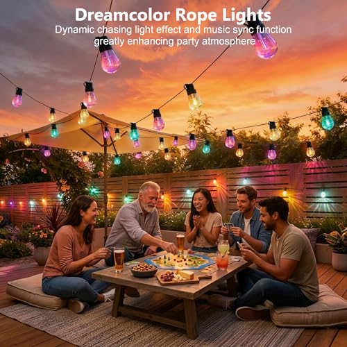 Outdoor String Lights 150FT, RGB+IC Outside Light Dimmable Shatterproof LED Bulbs, IP67 Waterproof Chasing Effect Lighting DreamColor Patio Strip Lights for Backyard, Balcony Outdoor Living