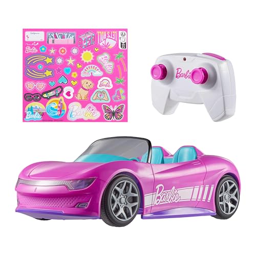 Hot Wheels Barbie Descapotable teledirigido, coche rosa de juguete por control remoto con capacidad para dos munecas Barbie, con maletero que se abre y hoja de pegatinas para personalizarlo, JBH05