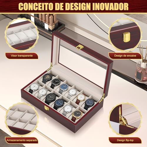 Caixa de Relógio com 12 Compartimentos, Caixa de Madeira para Relógios, Porta Relógio Masculino, Caixa de Relogio, Organizador Porta Relógio com Tampa de Vidro Grande