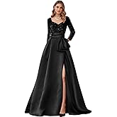 Hiclein Long Sleeve Formal Prom Dresses Sequin Satin Ball Gowns with Slit Square Neck A Line Evening Gown with Pockets