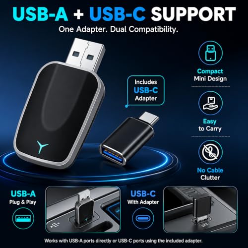Wireless CarPlay Adapter for iPhone – Plug & Play CarPlay Dongle – Converts Wired CarPlay to Wireless – Fast Auto-Connect, Low Latency, USB-A & USB-C Compatible – English Manual Included