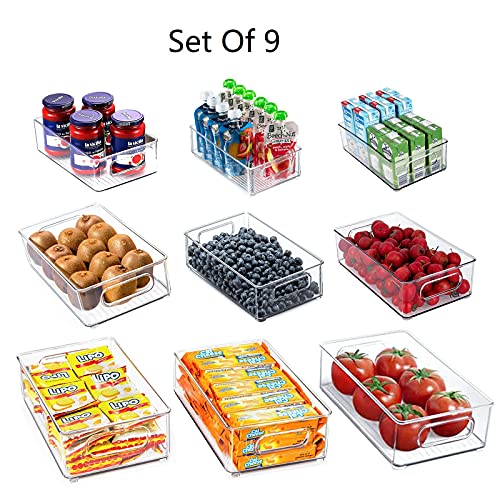 3 Sizes Pack of 9 Stackable Clear Food Storage Bins for Refrigerator, Kitchen Countertop, Pantry Organizer, Plastic Storage Bins with Handles for Spice, Snacks- Not Safe in Dishwasher