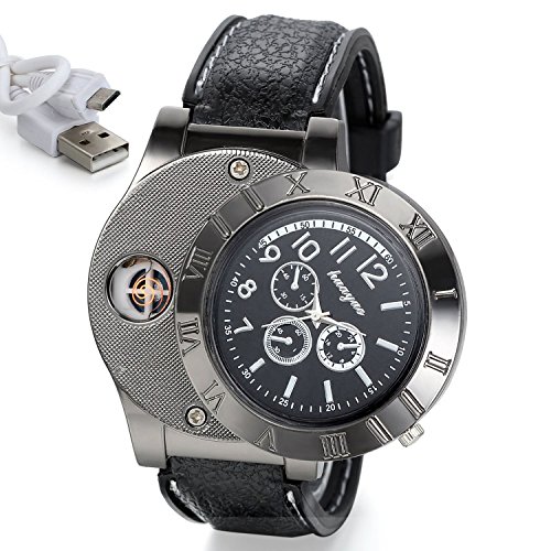 Sporty Quartz Watch Wristwatch with USB Electronic Rechargeable Windproof Flameless Cigarette Lighter