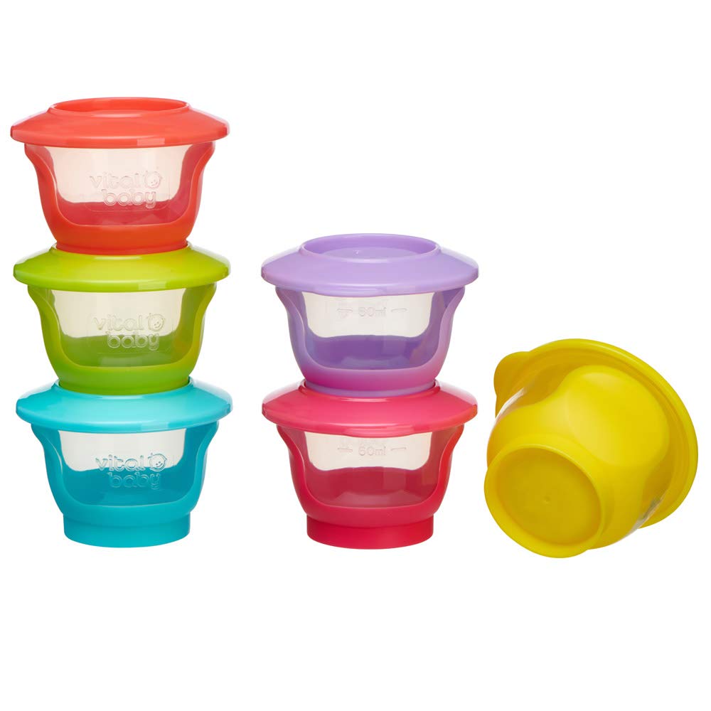 Vital Baby NOURISH Store & Wean Pots - Storage Pots with Soft Bases & Sides - Stackable - Leakproof lids - Bright Colours - BPA, Phthalate & Latex Free - Ideal for Weaning & Snacks - 6pk 2oz / 60ml