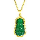 Kinsing Buddha Quan Yin Pendant Guan Yin Beaded Chain Necklace Jade Stone Beads Kwan-yin Chinese Feng Shui Amulet for Wealth Safe (Golden)