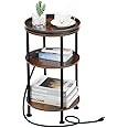Small Round Side Table with Charging Station for Small Spaces, 3-Tier Round Accent Table with USB Ports & Power Outlets, Round Corner Table Tea Sofa Side Table for Living Room Bedroom (Rustic Brown)