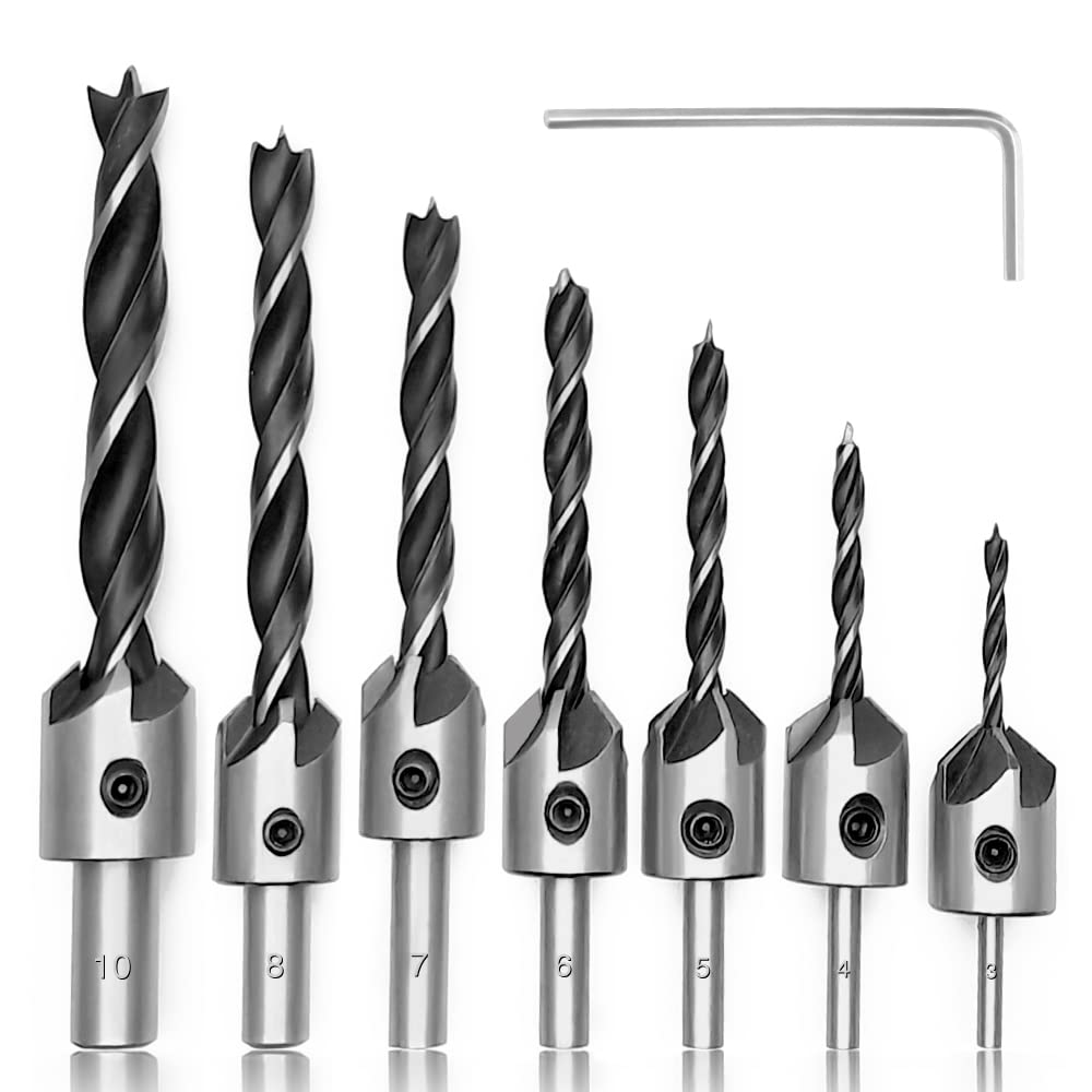 YIXISI 7 PCS Countersink Drill Bit Set with Hex Key Wrench, 3 4 5 6 7 8 10mm, Woodworking Chamfer Carbon Steel Drill Bit Set, Countersink Twist Drill Bits Set for Plastic, Wood