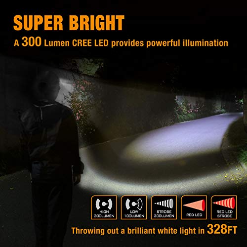 EverBrite Rechargeable Headlamp, 300 Lumen Zoomable Super Bright Headlight with White & Red LEDs and Detachable White & Red Taillight, Water Resistant IPX4, 10 Lighting Modes Head Torch