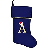 Subyan 20 Inches Initial Monogram Blue Christmas Stocking, Personalized Large Embroidered Letter Velvet Christmas Stocking with Gold Trim Decoration for Family Christmas Holiday Party Decor(Letter A)