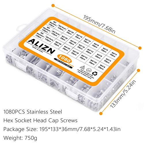 ANLIZN M2 M3 M4 Stainless Steel Hex Socket Head Cap Screws Nuts Set 1080pcs Assortment Kit with Storage Box, Six Hex Wrenches Included, Silver - Thumbnail 3