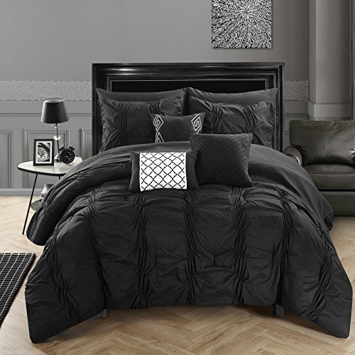 Chic Home10 Piece Tori Pinch Pleated Bed in A Bag Comforter Sheets Set and Decorative Pillows, King, Black