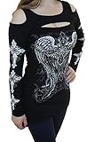 Bling Rhinestone Cross Fleur De Lis Wings Peekaboo Open Cold Shoulder New Top