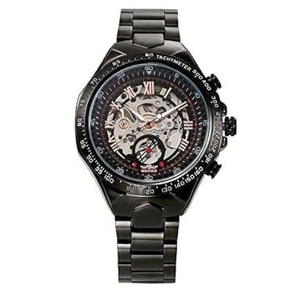 Winner Stainless Steel Mechanical Skeleton Wristwatch for Men - 016 Black