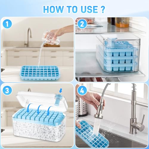 Cubiteras para Hielo, Cubitera con tapa,150 cubitos de hielo, incluye 3 bandejas para hielos, 1 pala de hielo, sin BPA, material apto para alimentos, ideal para whisky, cócteles, café, bebidas. (Azul)