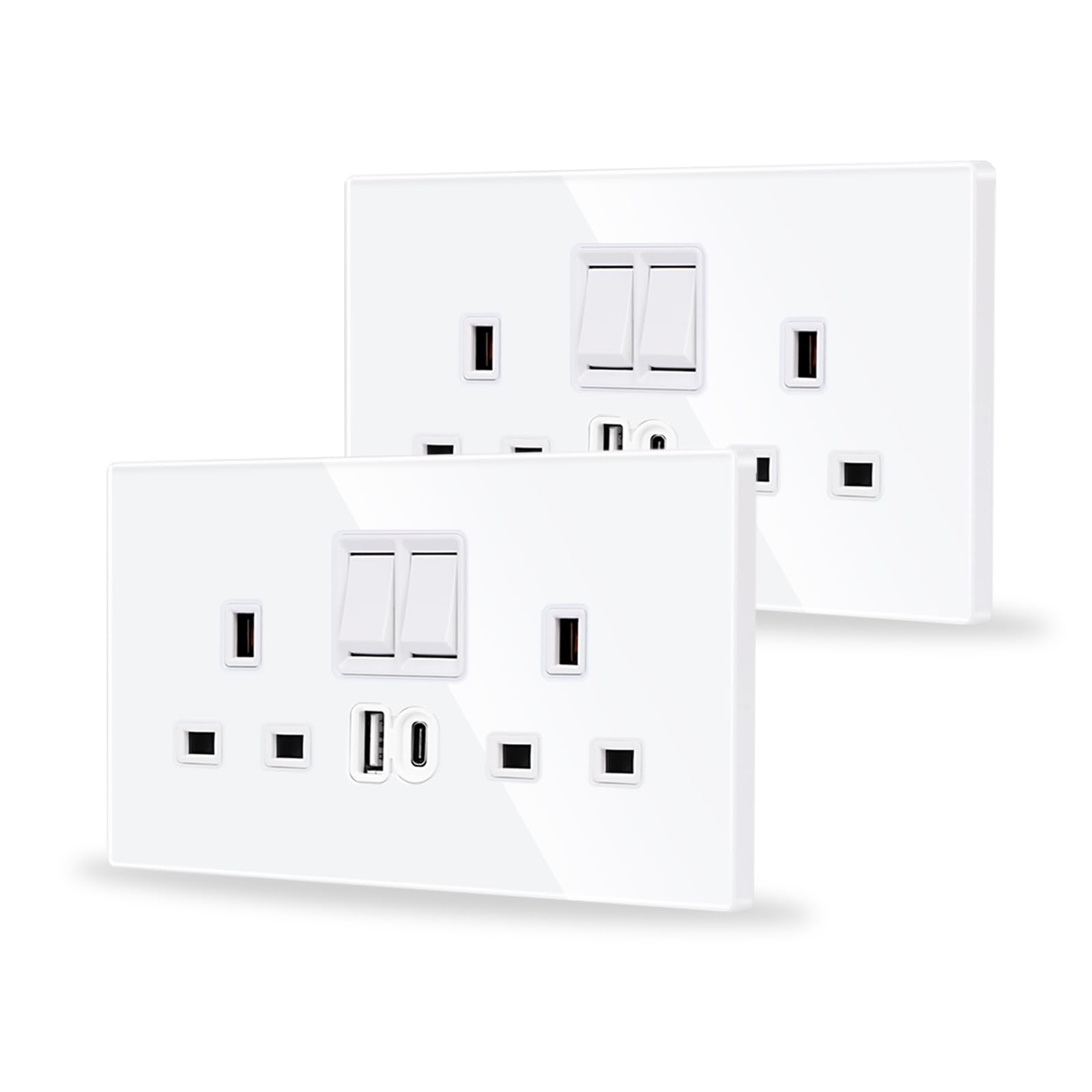 JIMEIDA 2 Pack Double Switched Socket White 20W Fast Charging 13 Amp with USB A and Type C Charging Ports Crystal Glass Panel Wall Outlet