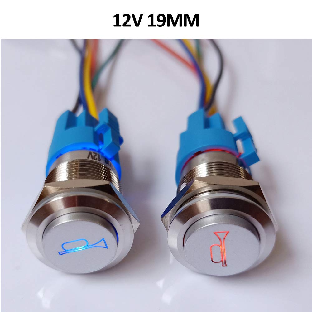 FICBOX 2Pack Momentary Speaker Horn Push Button With Blue LED Light 19mm 12V Car Auto Metal Switch
