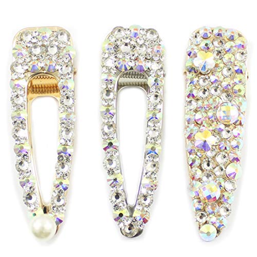 Rhinestone Hairpins Pearls Hair Clips for Women Girls Shiny Hair Barrettes Wedding Bridal Artificial Crystal Hairpins Handmade Bridesmaid Hair Accessories (3Pcs AB Crystal Hairpins)