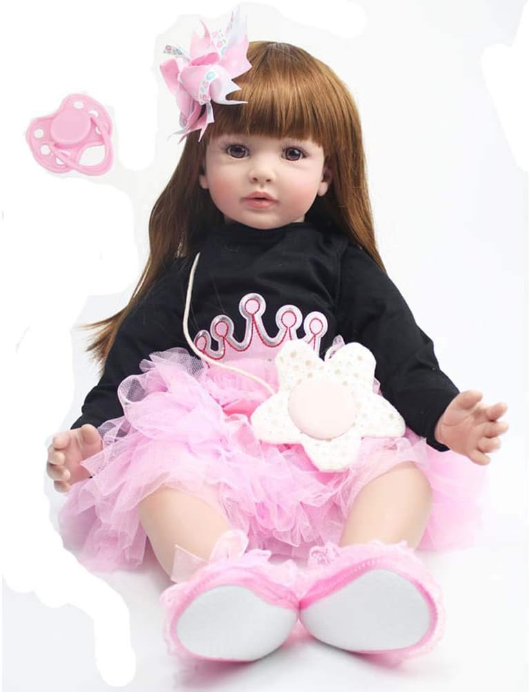 Prezzo Minsong 60cm Morbido Vinile Vita In Silicone Come La Bambola Del Bambino Rinato Capelli Lunghi Bambole Appena Nate Occhi Marroni Camicia Nera Gonna Rosa Con Corona Offerte