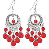 Boho Ball Chandellier Statement Dangle Earrings for Women Silvery Vintage Turquoise Beaded Tassel Chain Drop Dangling Earring Indian Tribal Jewelry Gifts for Jhumka Festival Holiday Christmas