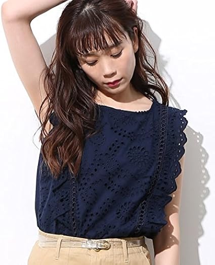 Amazon ビス 縦フリルパンチングレースノースリーブブラウス Bvh16 レディース ネイビー 日本 F Free サイズ シャツ ブラウス 通販