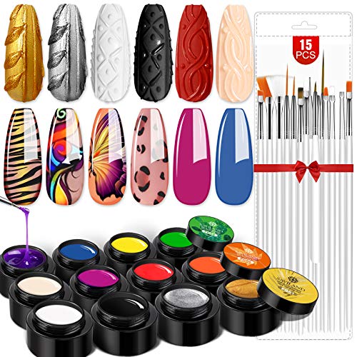 Saviland Gel Paint Kit, 12 Colors Soak Off Gel Polish Set with 15pcs Painting Drawing Nail Brush Pen for Nail Art Design & Nail Salon