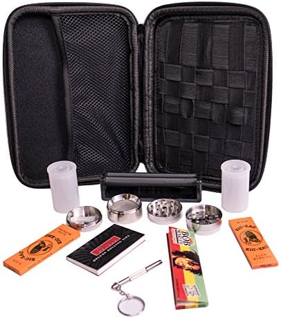 Perfect Pregame Smoker's Kit - 10 Piece Carrying Case and Accessories Bundle - Includes Grinder, Rolling Machine, Airtight Container, Rolling Papers and More - Great 420 Gift