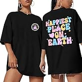 Oversized Magical Shirts for Women Happiest Place on Earth Tshirt Graphic Tees Casual Family Holiday Vacation Short Sleeve Tops Black